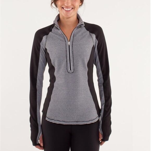 Lululemon Run U‑Turn Half Zip Pullover Black White Stripe Size 6 - Picture 1 of 10